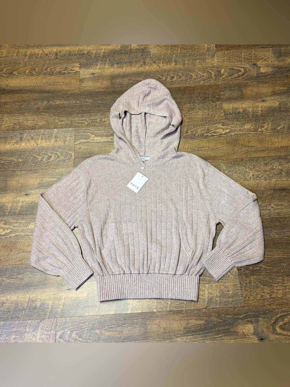 NEW FATE Ribbed Knit Sweater Hoodie Beige Tan Balloon Sleeve Crop Small Wool